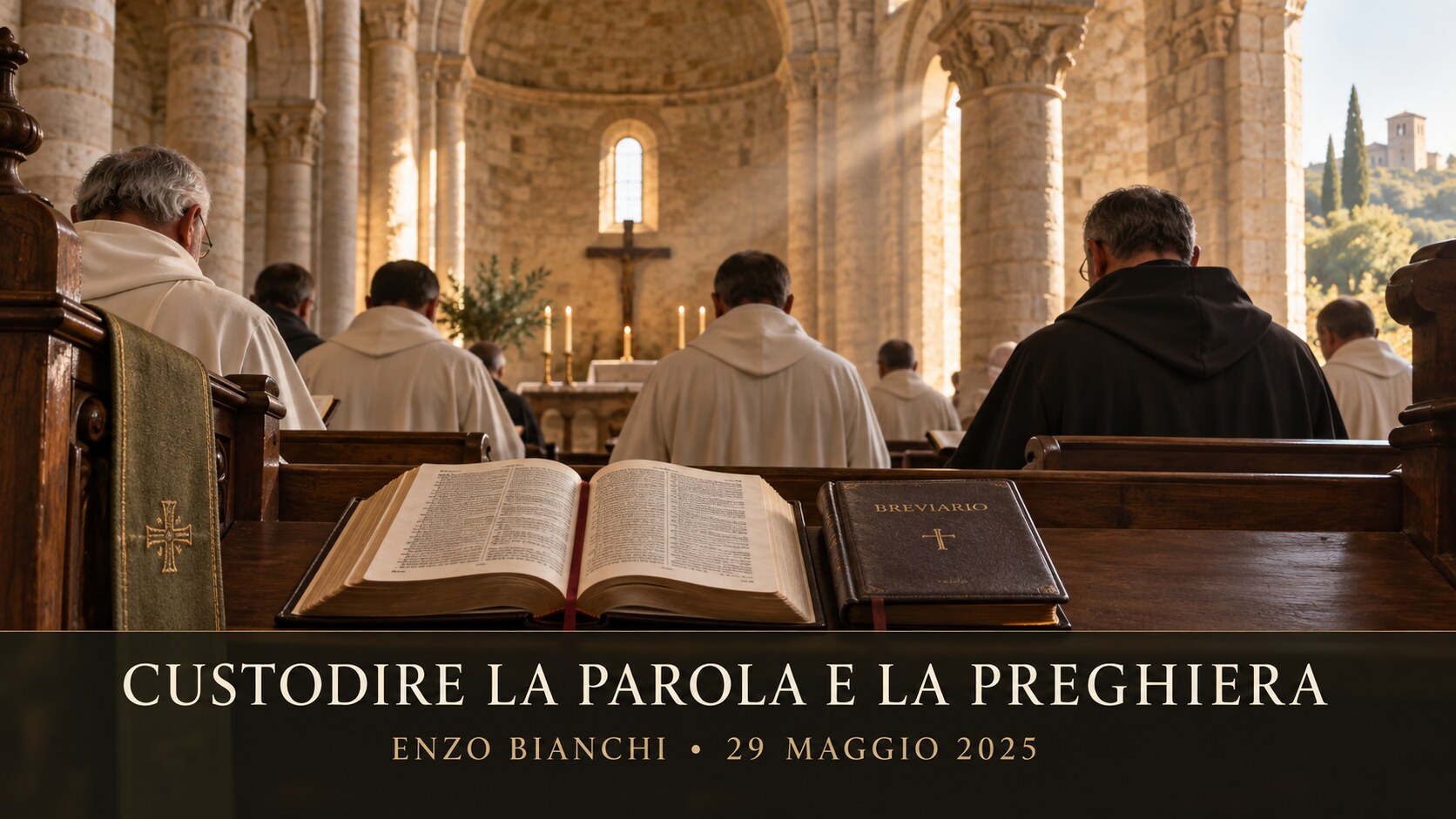 Bibbia e breviario nell’abbazia durante l’incontro del clero con Enzo Bianchi
